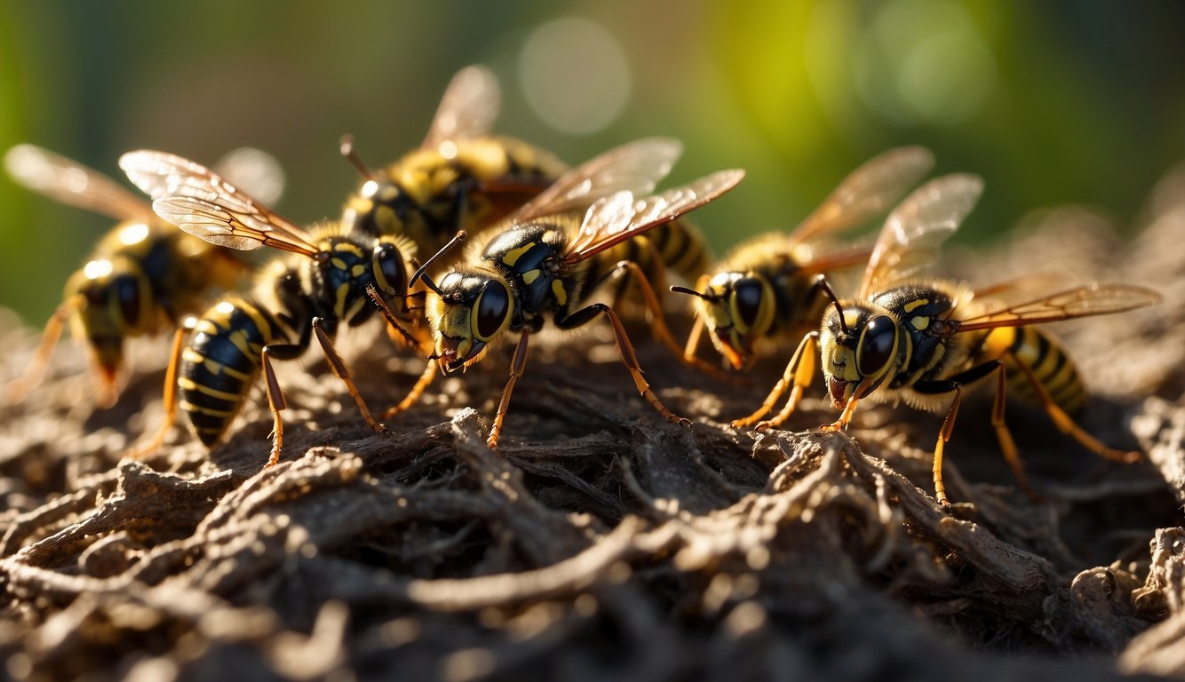 A group of wasps huddled around their nest, some tending to the larvae while others stand guard.

The sun shines on their iridescent wings as they work together in harmony