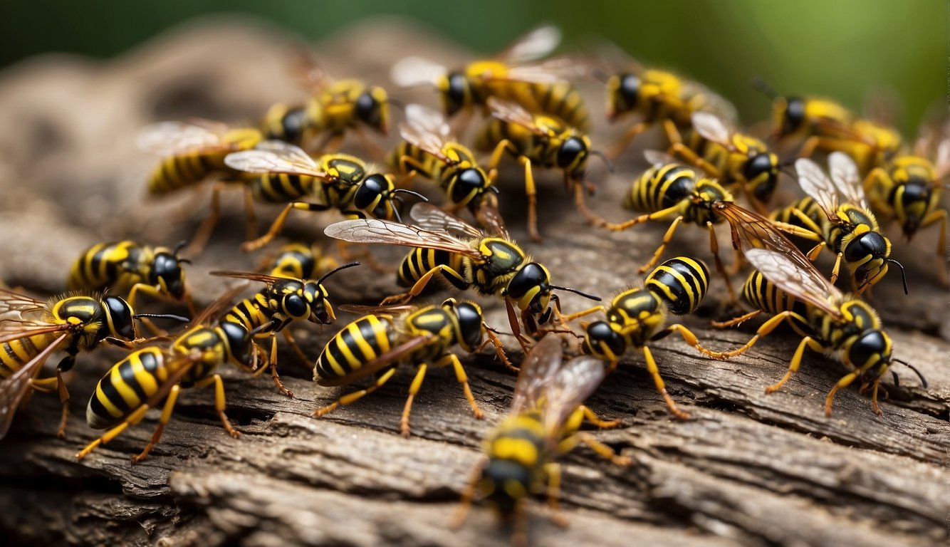 A group of wasps busily tend to their nest, working together to build and protect their home.

The queen oversees the activity, while worker wasps gather food and care for the young
