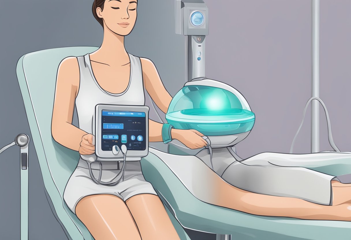 A woman's abdomen being treated with an ultrasonic cavitation machine, showing the device in action and the surrounding environment