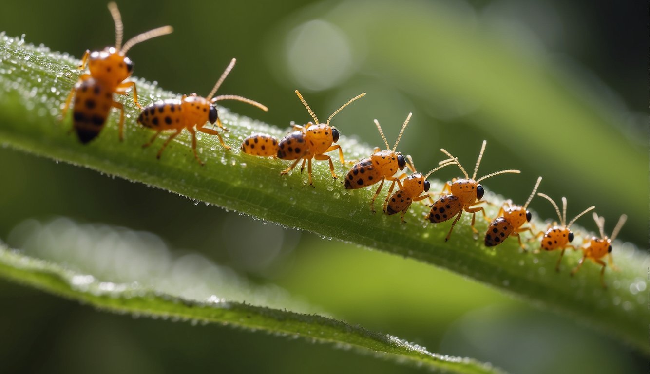 Aphids cluster on a green stem, feasting on sap.

Ladybugs and lacewings lurk nearby, ready to prey on the tiny insects