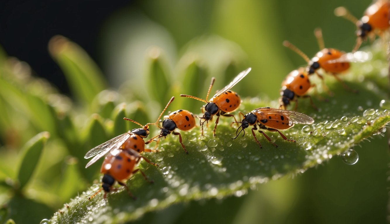 Aphids cluster on the stems of plants, feeding on sap.

Ladybugs and lacewings prey on them, maintaining a delicate balance in the garden ecosystem