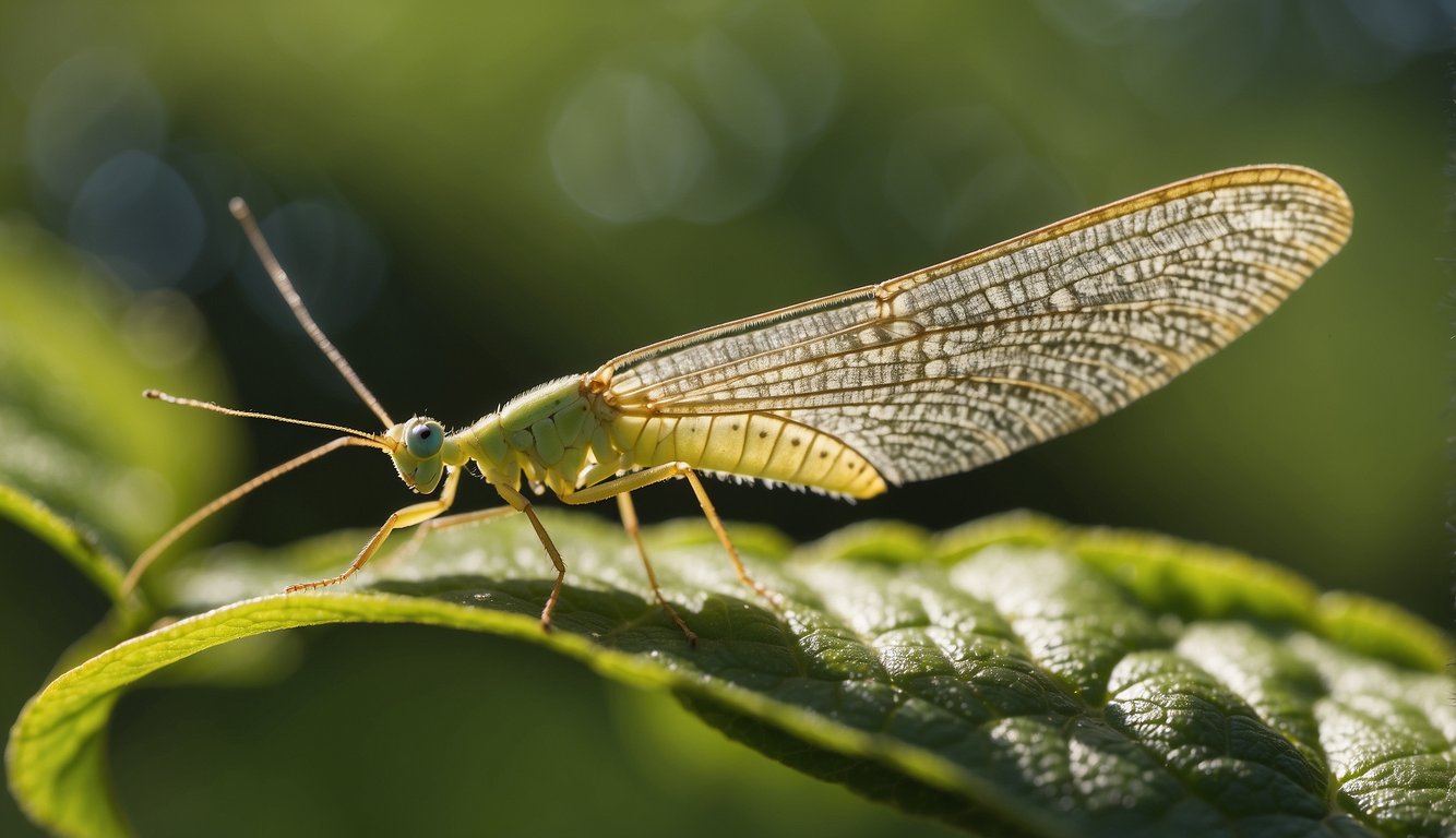 A lacewing perches on a leaf, its delicate wings shimmering in the sunlight.

It extends its long, slender mouthparts to capture a tiny insect, showcasing its role as a stealthy predator in the insect world
