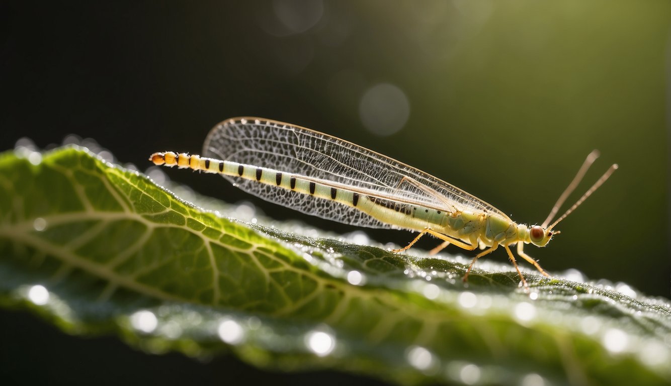 A lacewing perches on a leaf, its transparent wings shimmering in the sunlight.

It holds a small insect in its delicate, spiky legs, ready to devour its prey