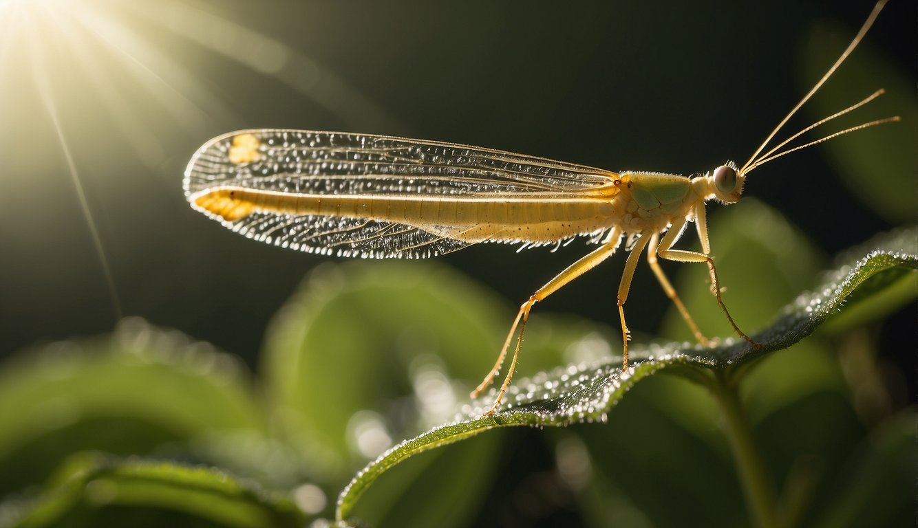 A lacewing perches on a leaf, its transparent wings shimmering in the sunlight.

It waits patiently, ready to pounce on any unsuspecting prey that comes within reach