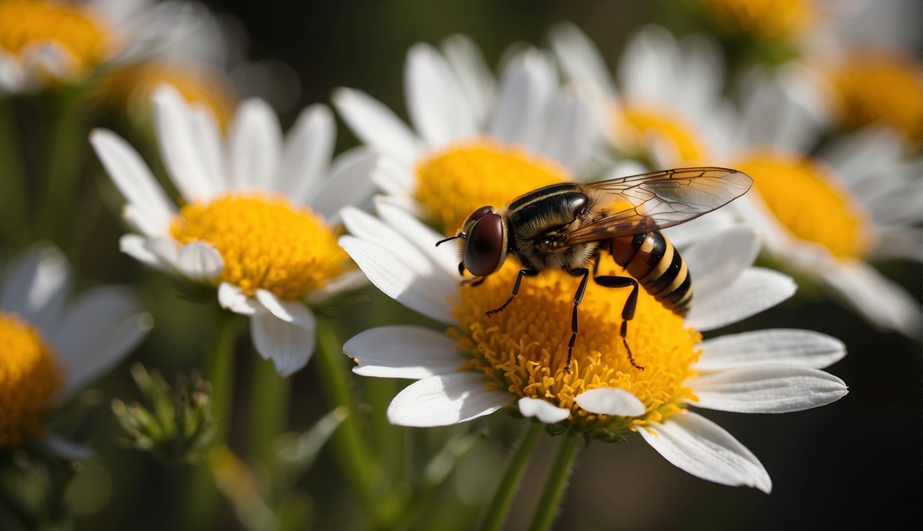 A hoverfly hovers near a vibrant flower, its striped body and translucent wings glistening in the sunlight
