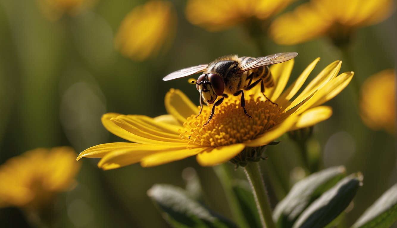 A hoverfly hovers near a flower, its yellow and black striped body glistening in the sunlight.

Its wings beat rapidly as it hovers, imitating a bee in its movements