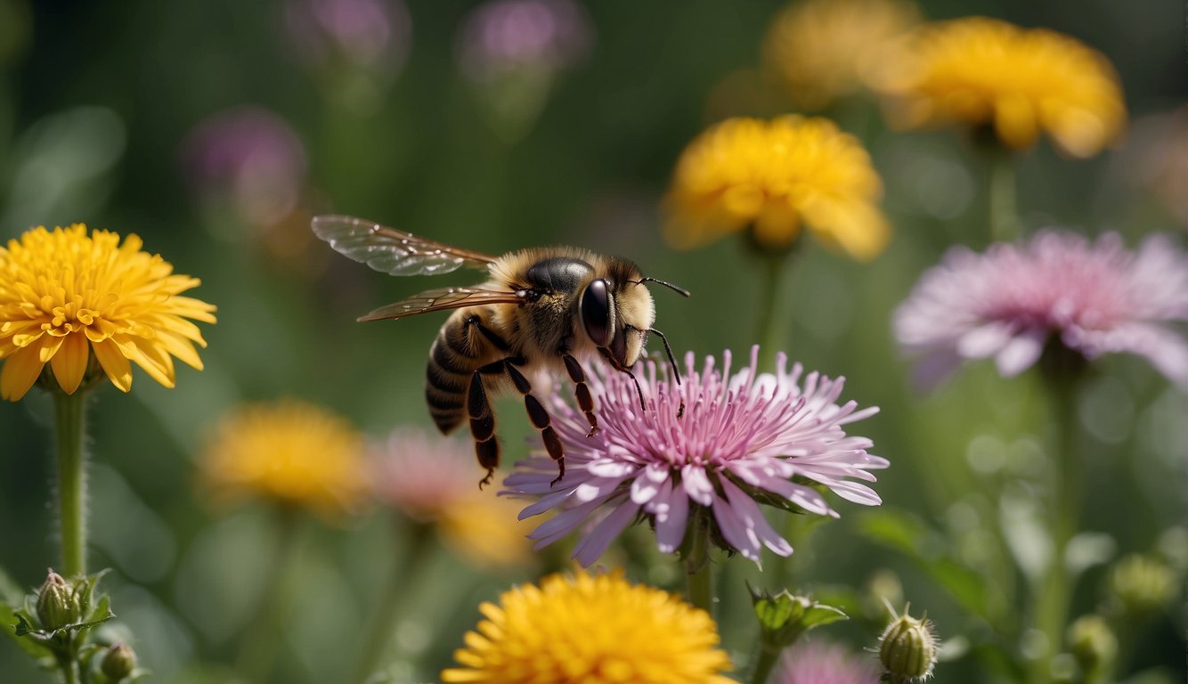 A garden filled with colorful flowers, with hoverflies hovering over them, resembling bees but with distinct markings