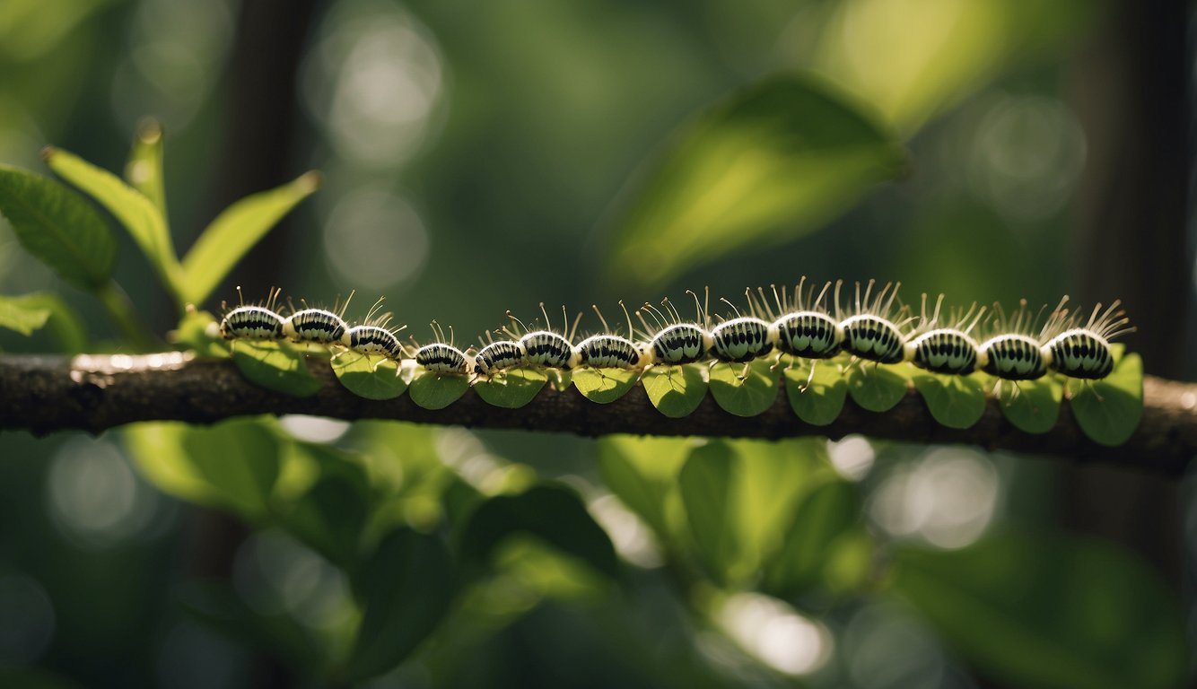 Caterpillars devouring green leaves, leaving behind a trail of half-eaten foliage