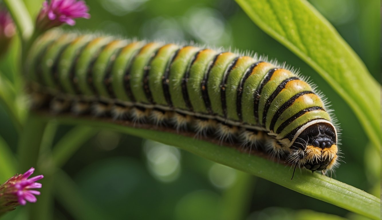 A caterpillar munches on a green leaf, surrounded by vibrant plants and flowers.

It voraciously devours the foliage, embodying the title of "Eating Machines of the Plant World."