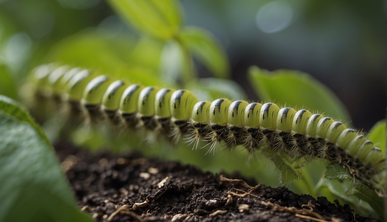 A group of caterpillars devouring the leaves of a plant, leaving behind only the stems and veins