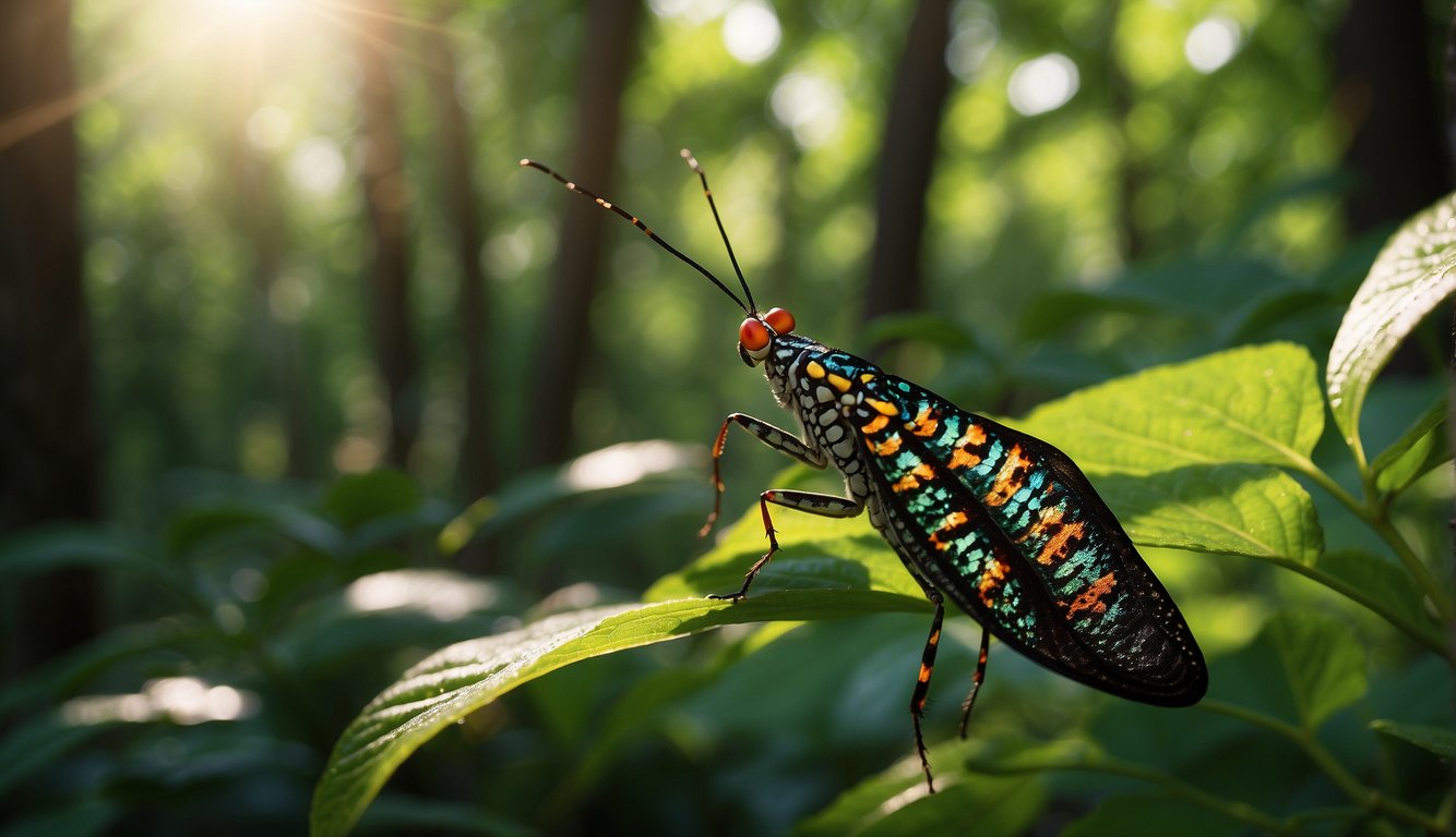 A vibrant forest teeming with lanternflies, their iridescent wings shimmering in the sunlight.

They navigate through lush foliage, facing threats from predators and habitat loss