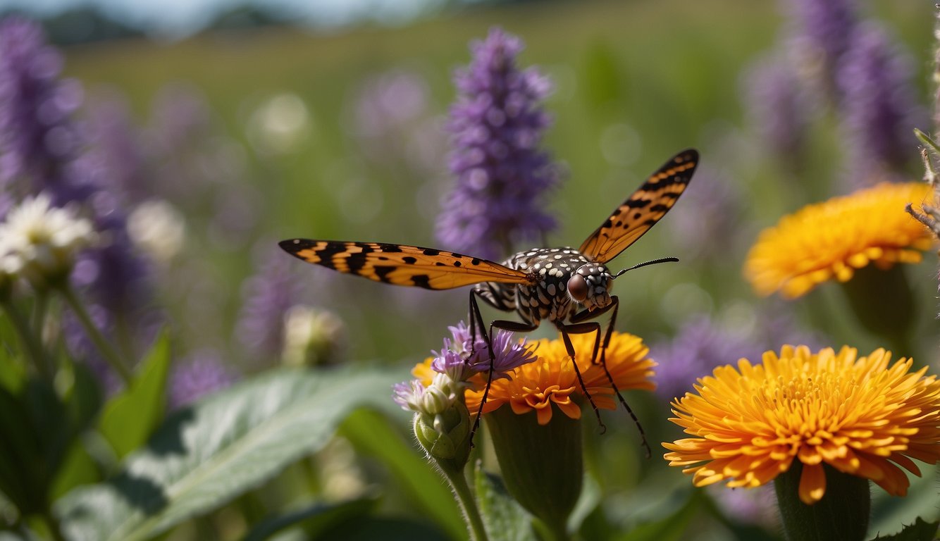 The lanternflies flutter among vibrant flowers, while farmers battle their destructive impact on crops