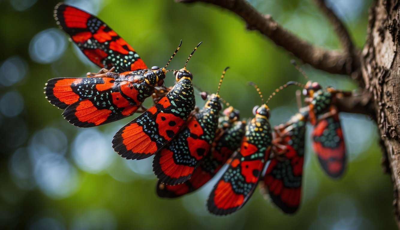 A group of vibrant lanternflies gather on a tree branch, showcasing their colorful wings and intricate patterns.

They face challenges like predators and habitat loss