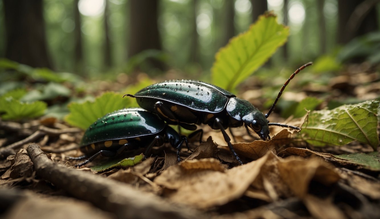 Beetles crawl on forest floor, their iridescent shells reflecting dappled sunlight.

Some burrow into decaying logs while others scuttle along leaf litter