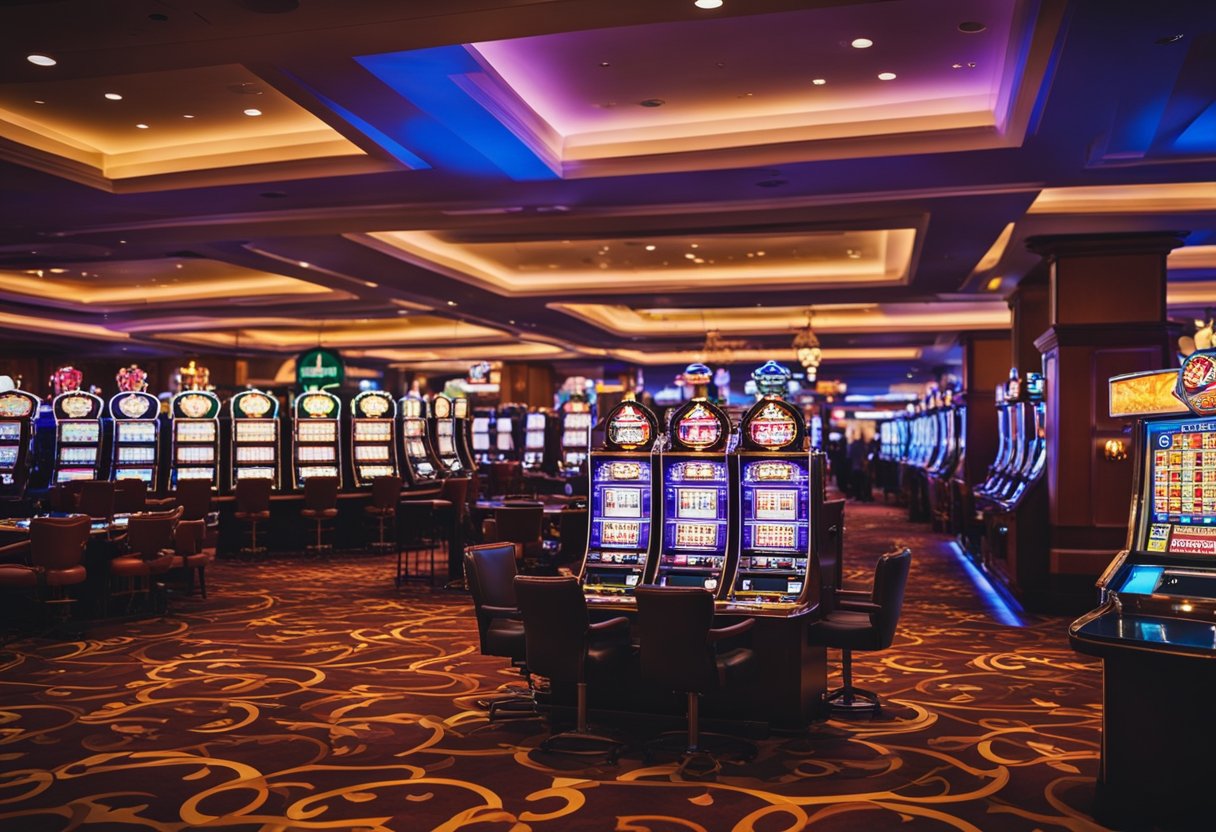 A colorful and vibrant casino with digital payment logos prominently displayed. Multiple gaming tables and slot machines fill the room, with players enjoying the lively atmosphere