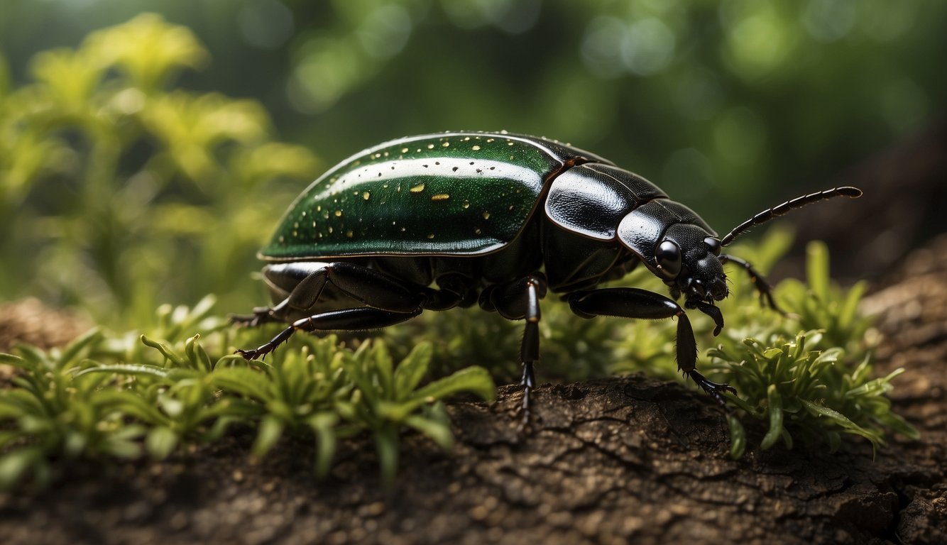 Beetles roam diverse habitats from lush forests to our own backyards, showcasing their armored bodies in various environments for an illustrator to capture