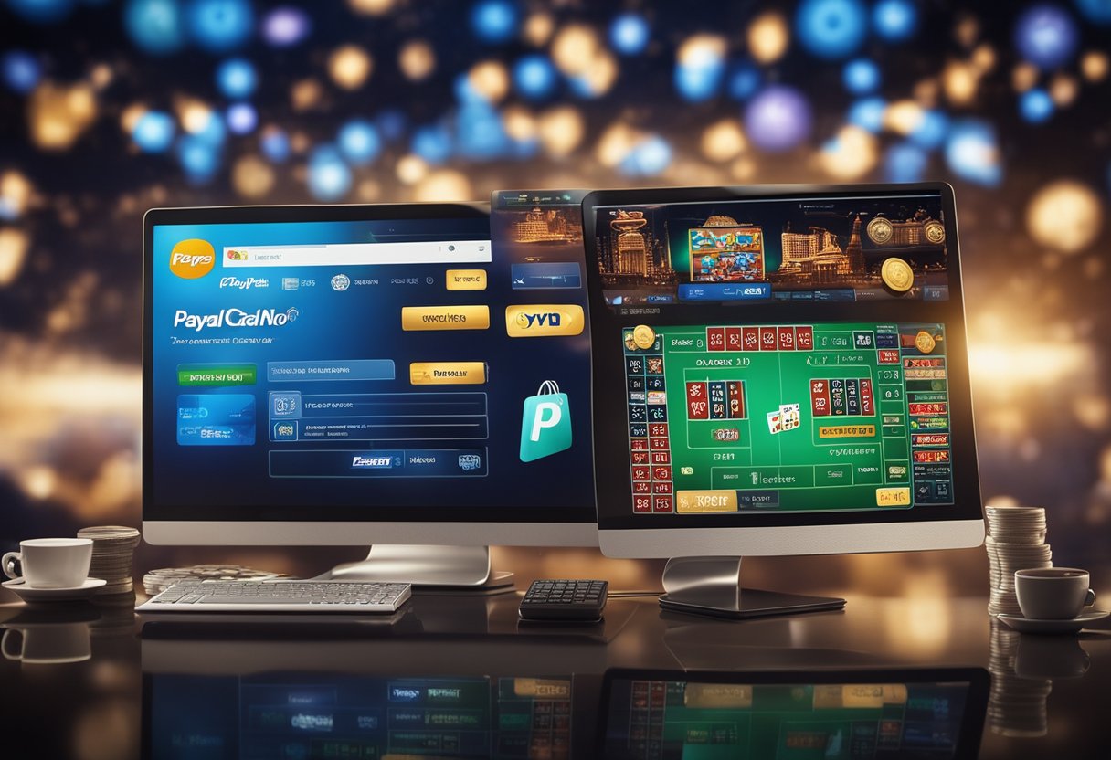 A computer screen displaying a PayPal logo with a casino background, surrounded by various online payment icons