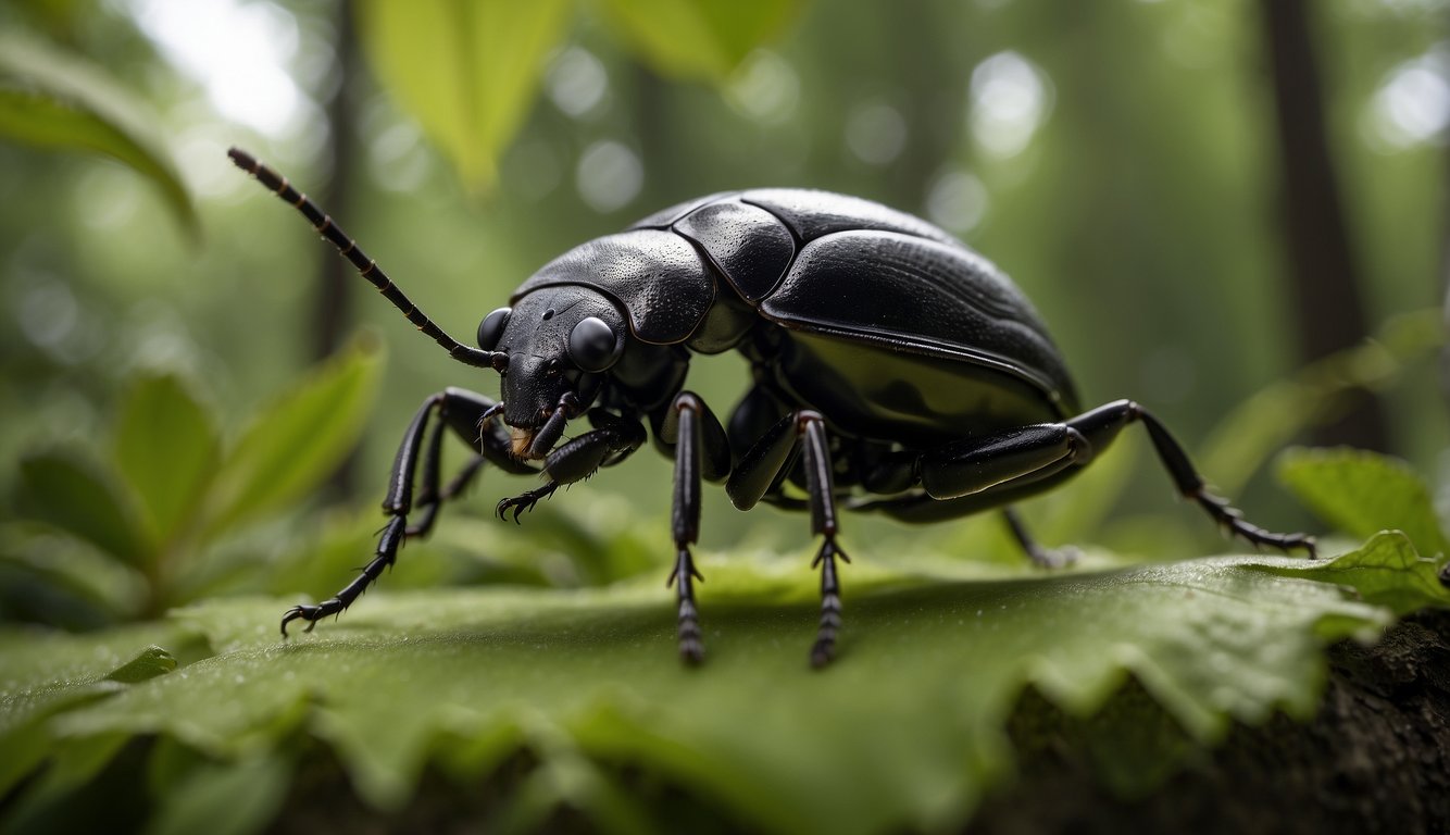 A beetle with hard exoskeleton and long antennae crawls on a leaf in a lush forest, showcasing its adaptations for survival