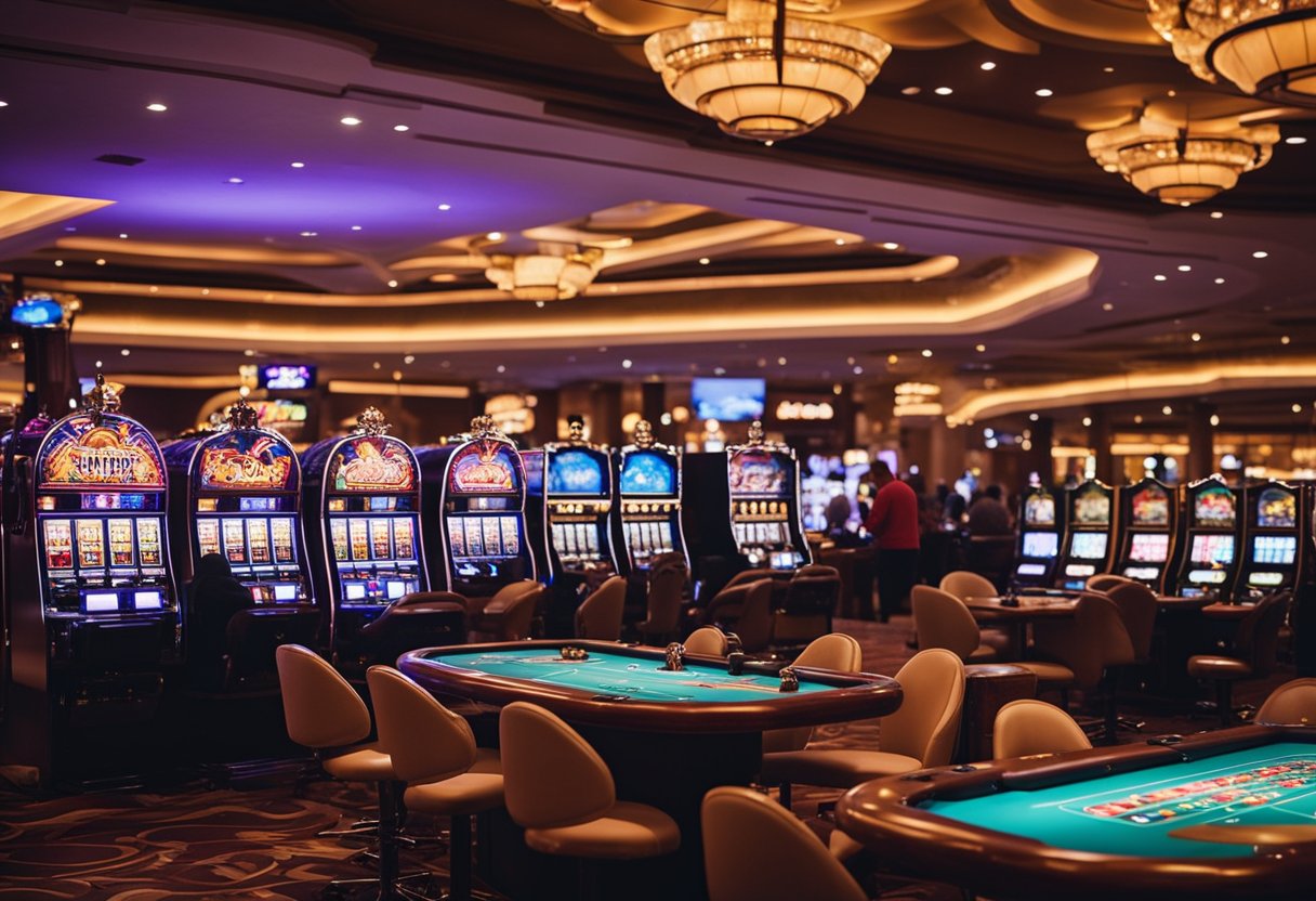 A casino with Paysafecard logos on slot machines and tables, colorful lights, and people enjoying games and drinks