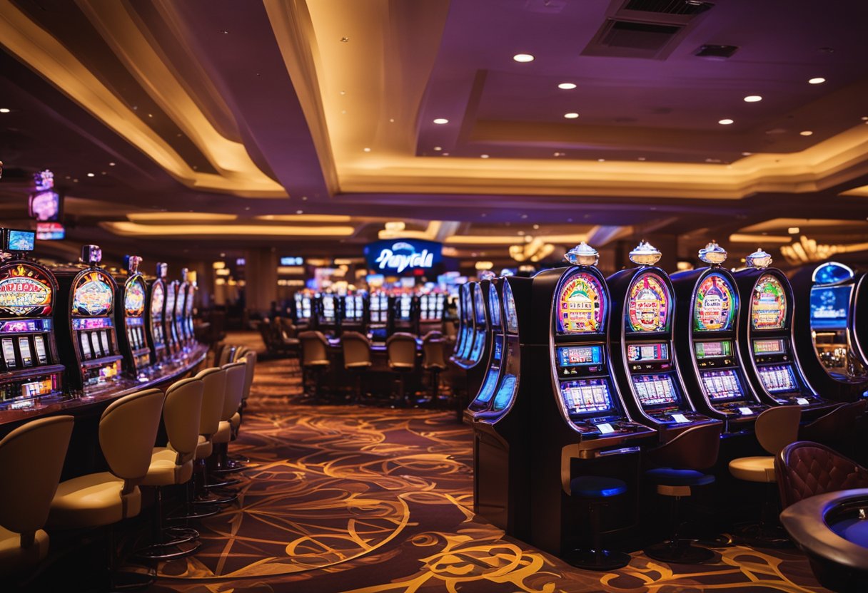 A colorful online casino with a PayPal logo prominently displayed. Slot machines, card tables, and a roulette wheel fill the bustling virtual space