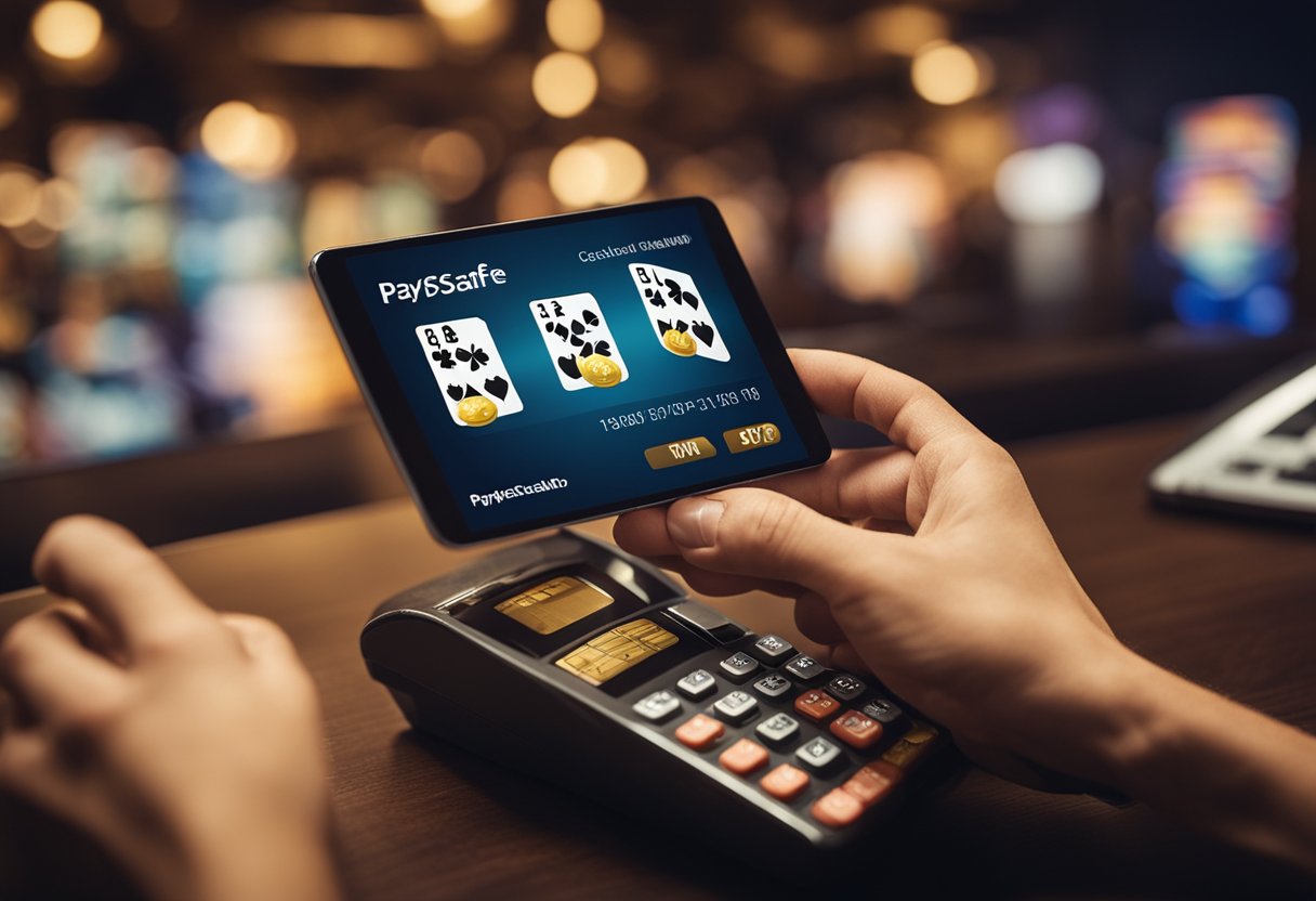 A Paysafecard being used to make a secure online casino payment, with a digital interface and a happy customer enjoying the convenience