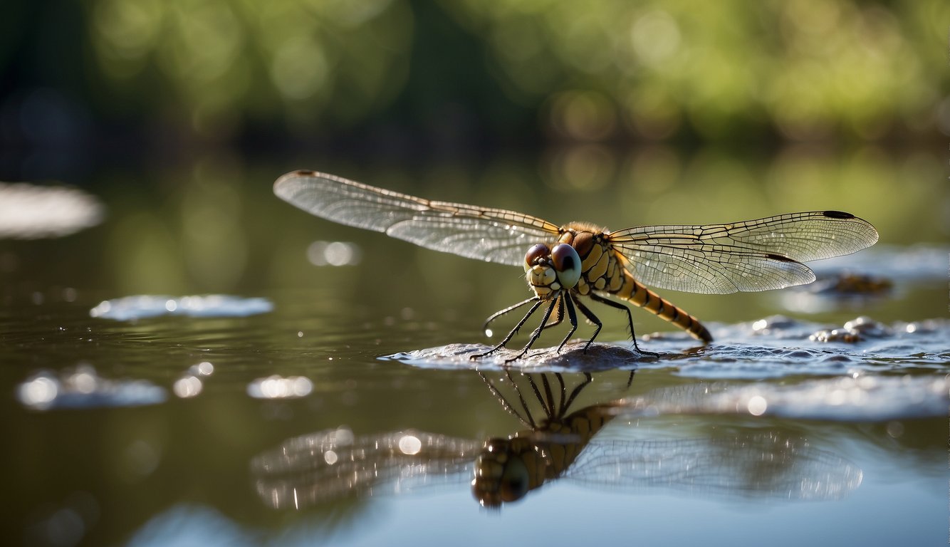 A dragonfly hovers above a pond, its iridescent wings catching the sunlight.

Below, water striders skate effortlessly across the surface, while a diving beetle plunges into the depths in search of prey