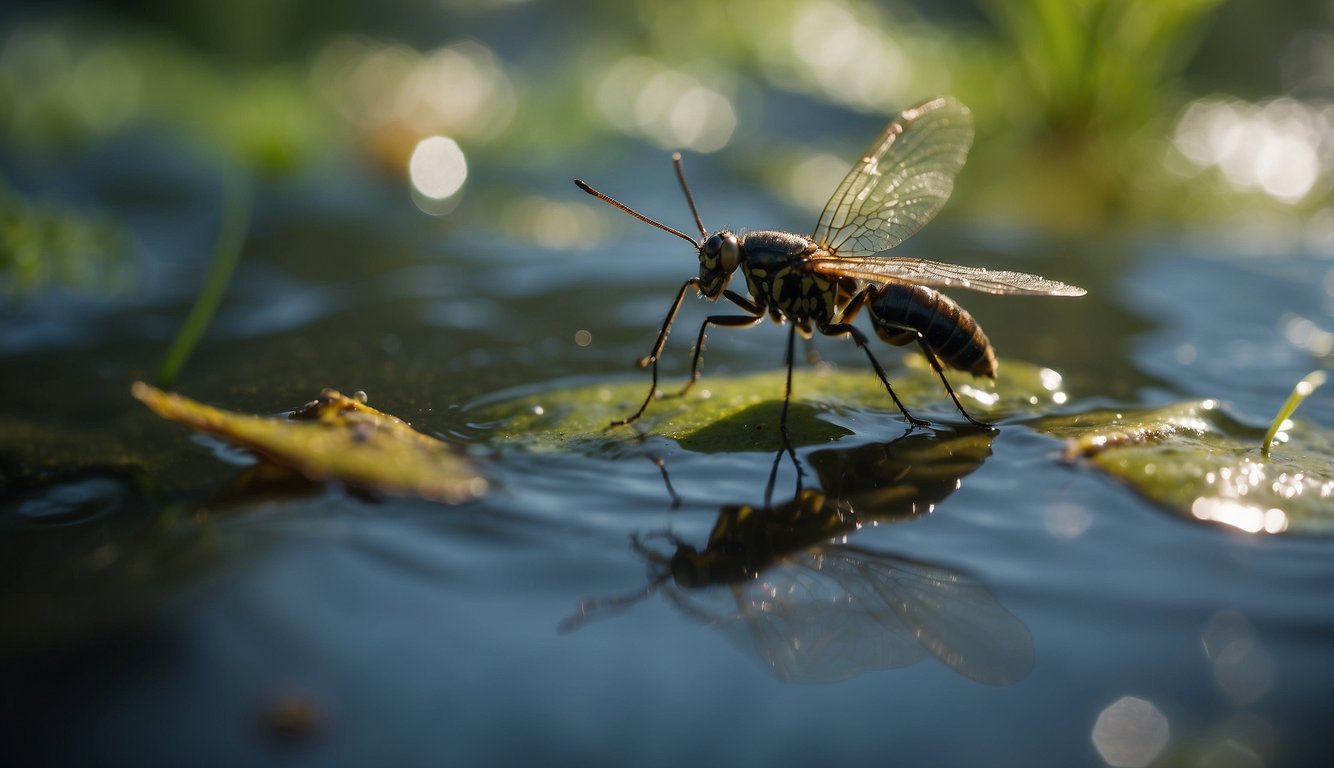 A diverse array of aquatic insects navigate through the water, some swimming gracefully, others using clever strategies to hunt and survive