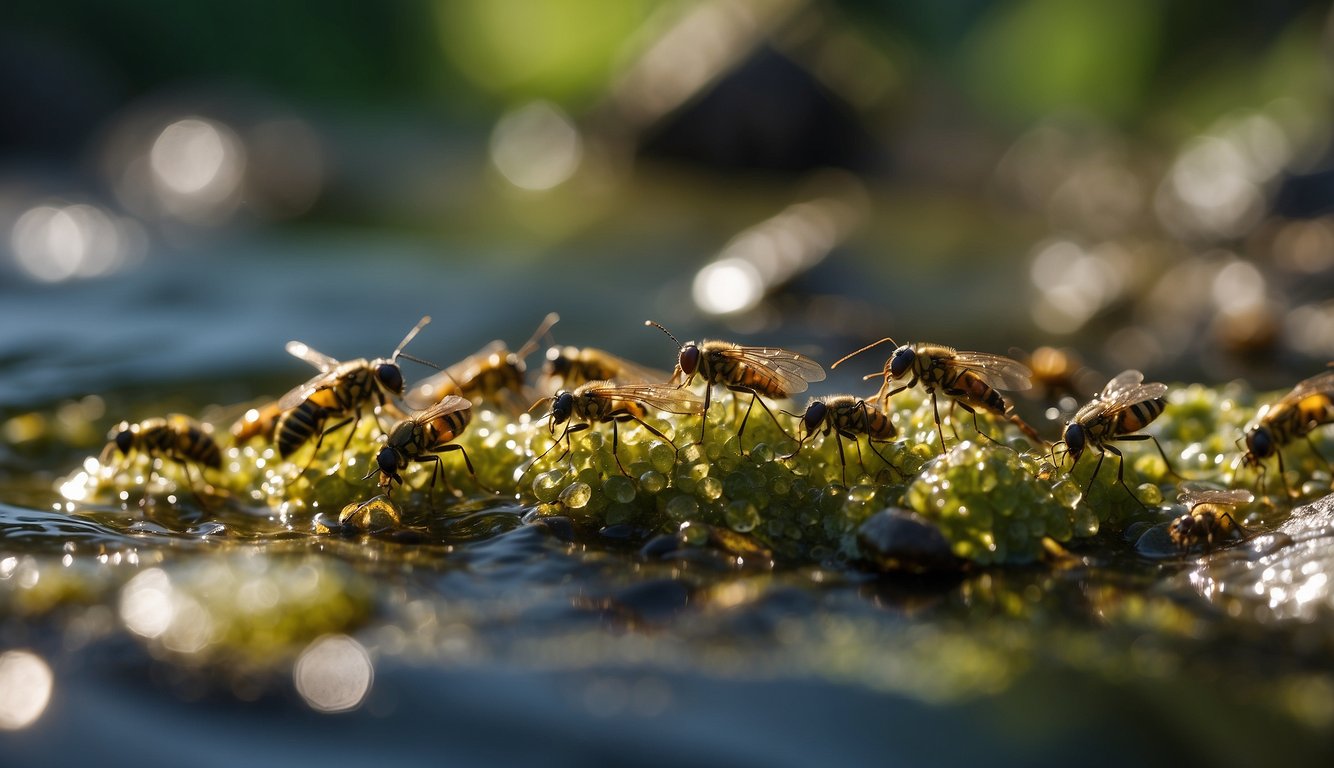 Aquatic insects swarm around a clear, flowing stream.

They feed on algae and small organisms, providing food for fish and other aquatic creatures