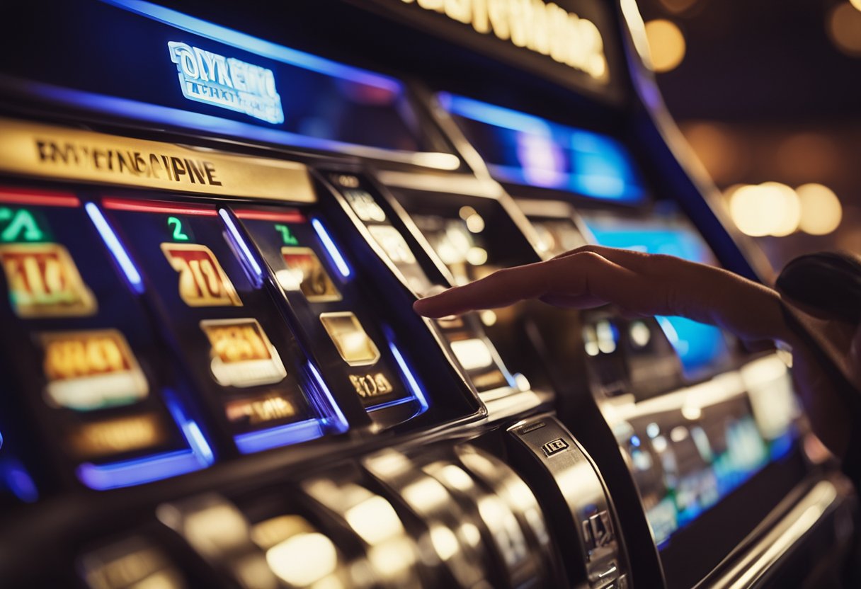 A hand inserting a Paysafecard into a casino machine, with a display showing winnings being withdrawn and limitations being displayed