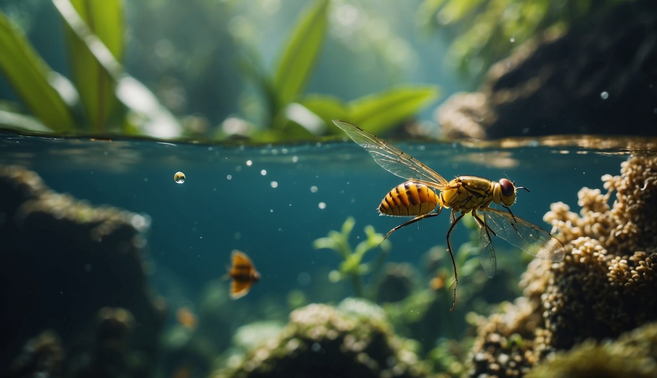 A colorful underwater world teeming with diverse aquatic insects in their natural habitats, surrounded by flowing water and lush aquatic vegetation