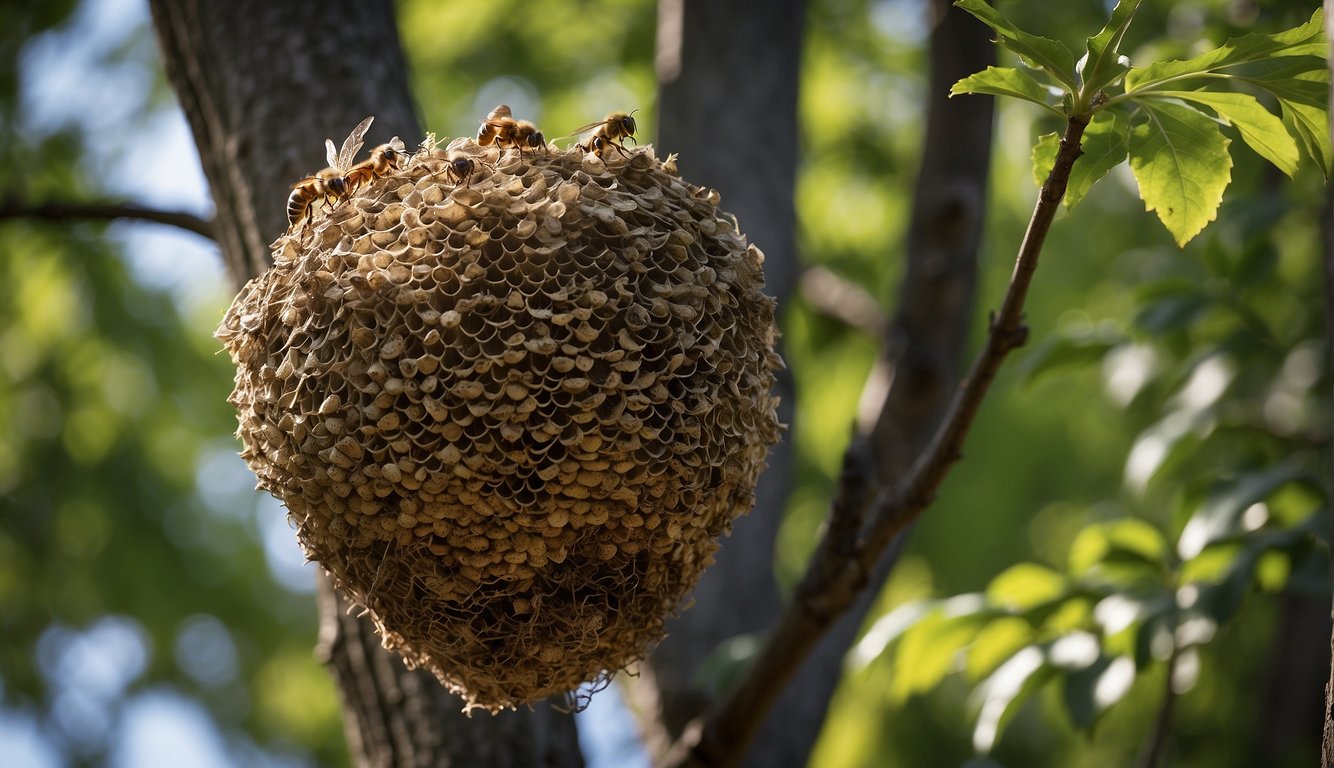 A bustling hornet nest hangs from a tree branch, with workers coming and going, tending to larvae and defending their territory