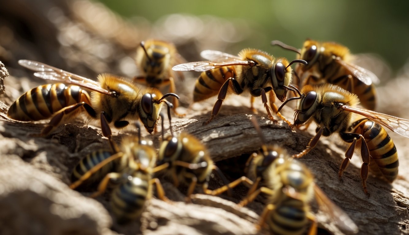 A group of hornets construct a complex nest, while other hornets gather nectar and defend their territory
