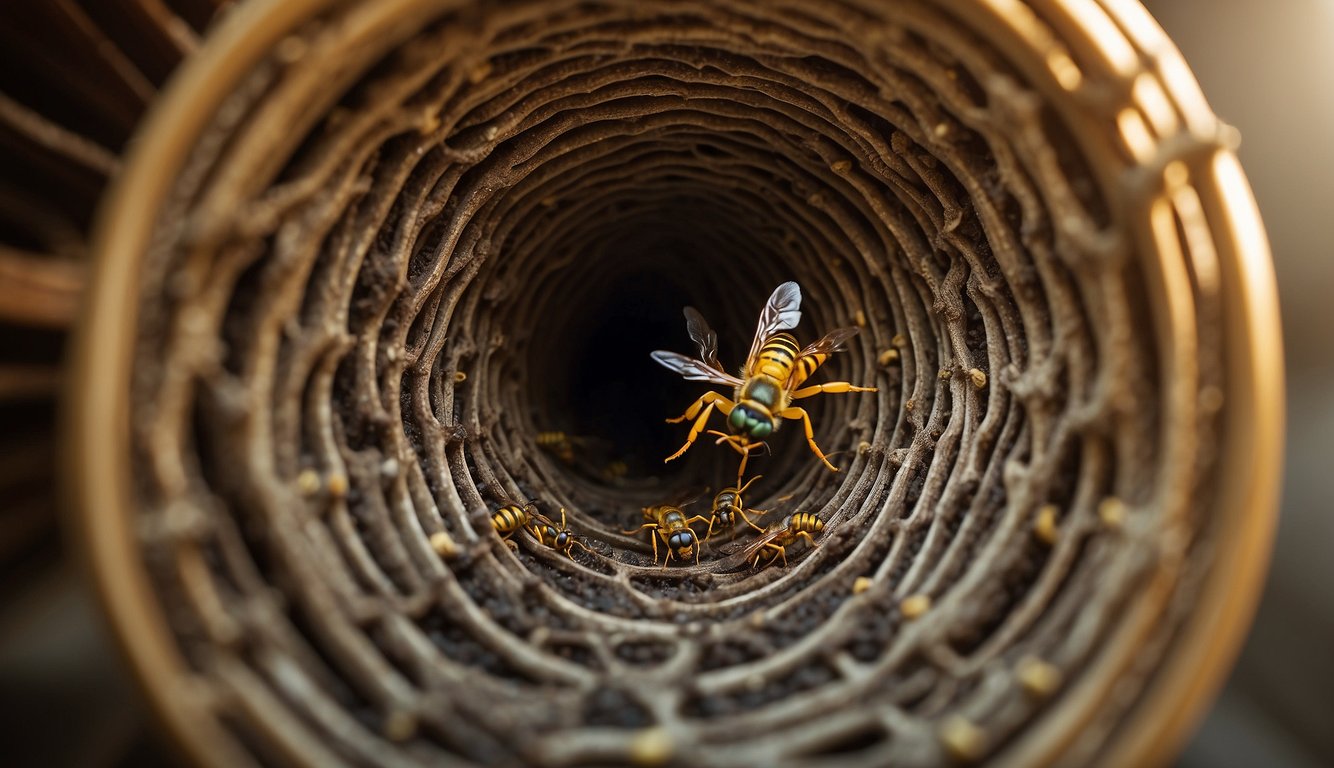 Hornets buzzing around intricate hive, defending and communicating.

Intricate tunnels and chambers reveal complex society