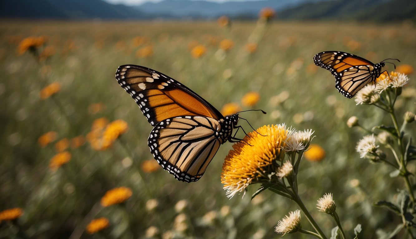 Monarch butterflies flutter over fields, crossing rivers and mountains on their migration journey