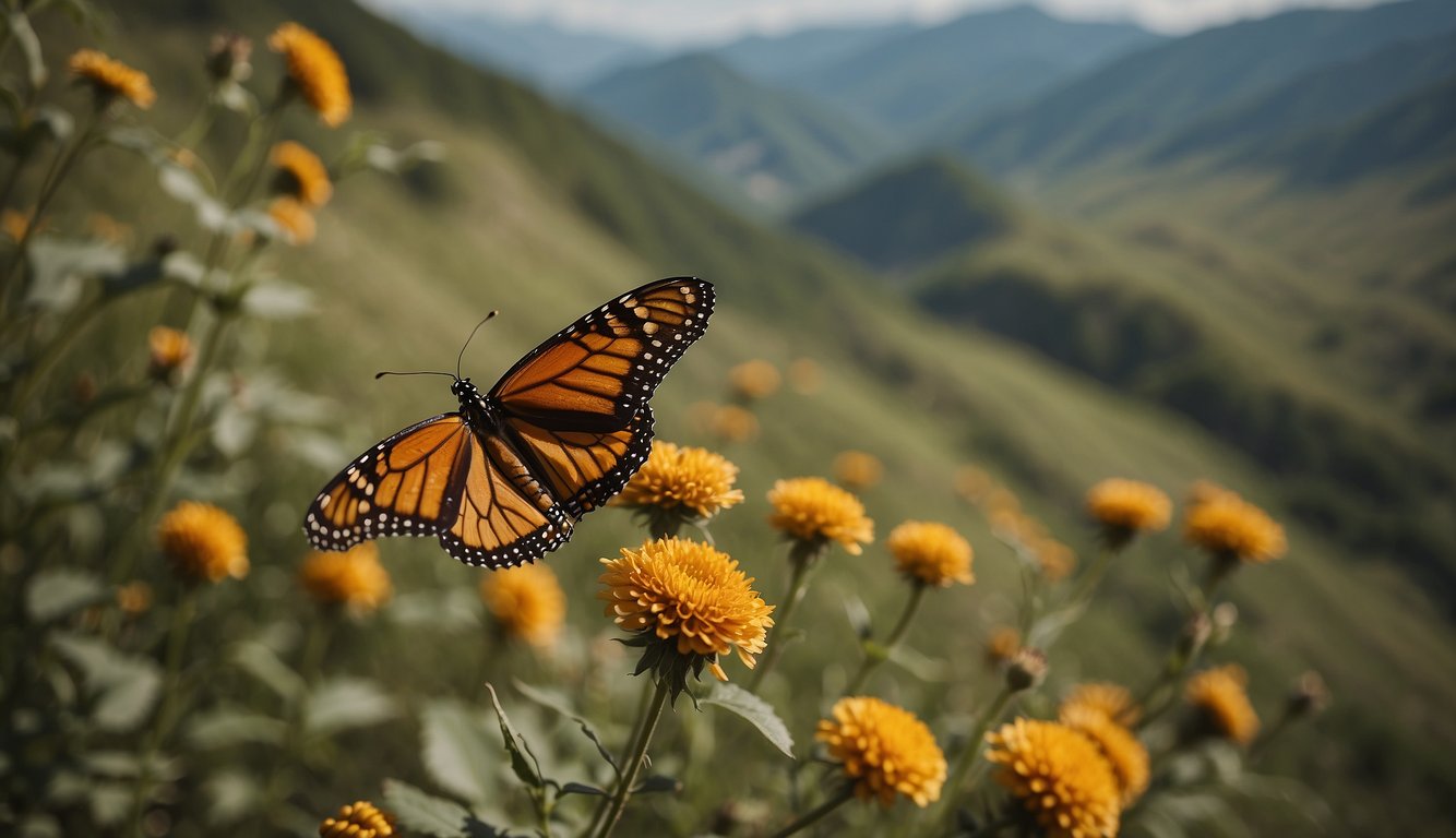 Monarch butterflies fly over mountains, rivers, and fields on their long migration journey.

They face strong winds, storms, and predators along the way