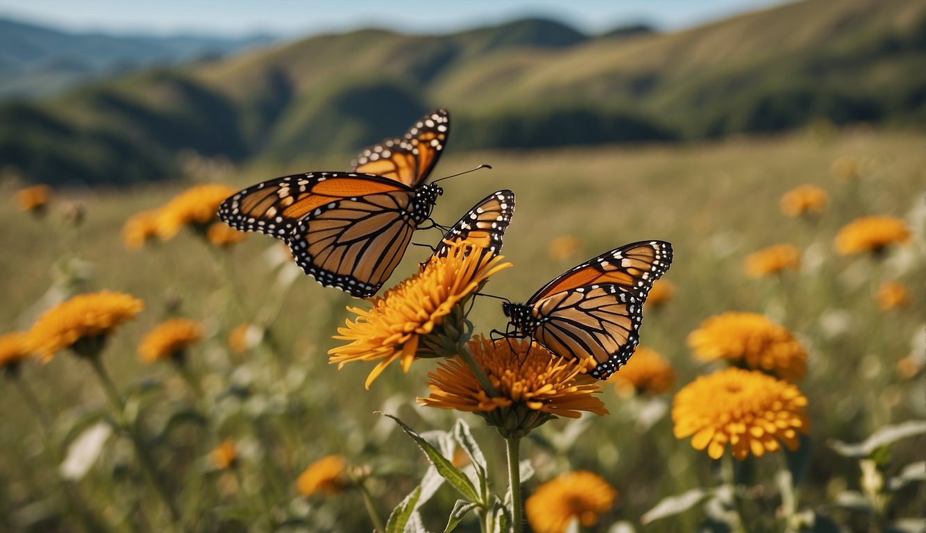 Monarch butterflies fluttering over a vibrant field, with a backdrop of rolling hills and a clear blue sky