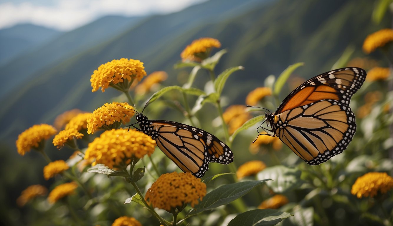 Monarch butterflies in vibrant colors swarm over a lush landscape, flying in a distinct pattern across continents