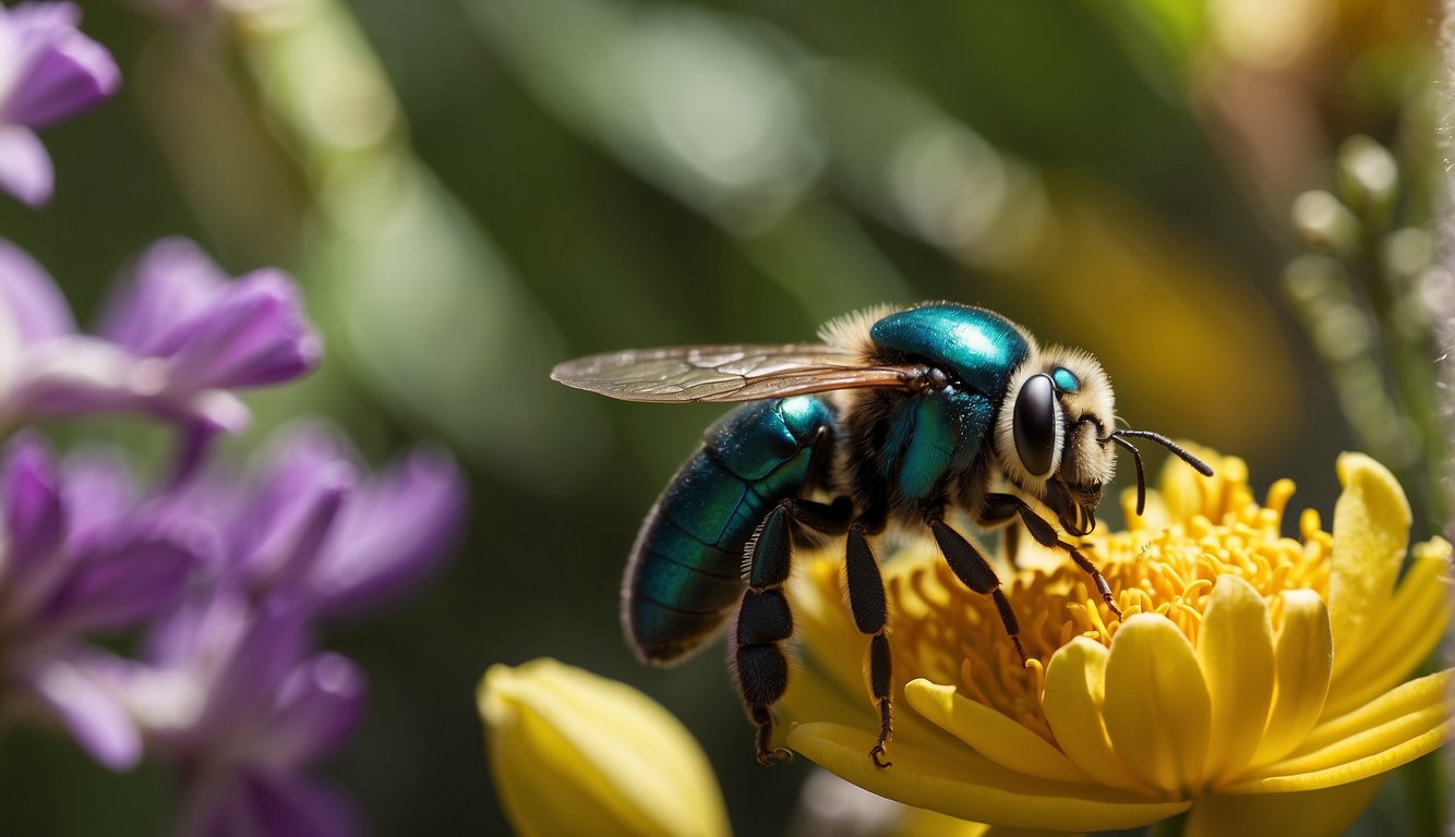 Orchid bees flit among vibrant flowers, collecting pollen and nectar.

Their iridescent wings shimmer in the sunlight as they release pheromones to attract mates