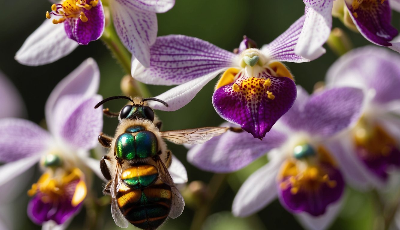 Orchid bees gather nectar and pollen from vibrant flowers, their iridescent bodies shimmering in the sunlight as they flit from bloom to bloom, spreading the sweet fragrance of the orchids they pollinate