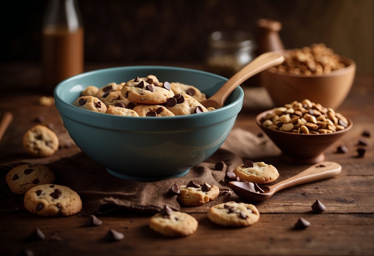 A mixing bowl filled with cookie dough ingredients. A wooden spoon stirs in chocolate chips. A recipe book sits open nearby
