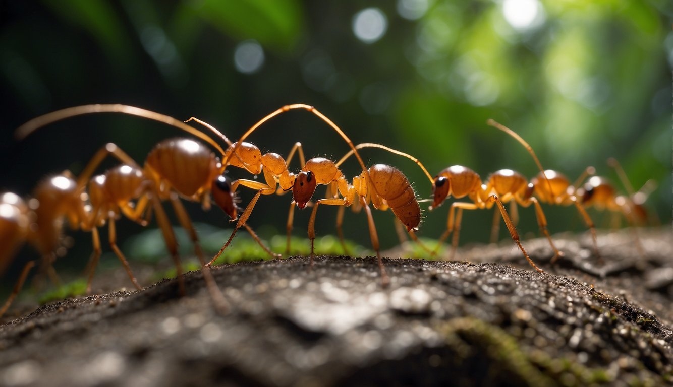Army ants march in a long, winding column through the dense jungle, carrying food and larvae.

They move with purpose, their strong bodies and sharp mandibles ready for any obstacle in their path