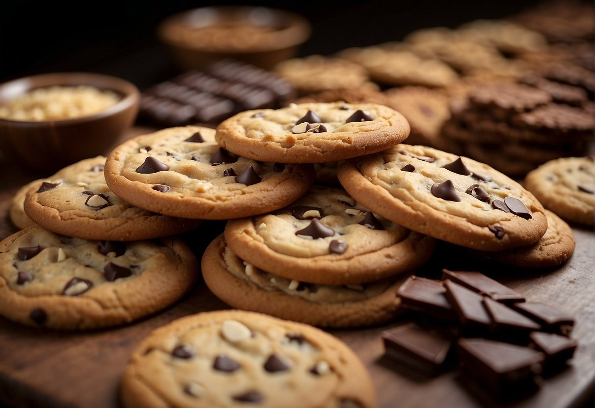 A table covered with various chocolate chip cookies in a bakery, with ingredients like nuts and different types of chocolate chips scattered around