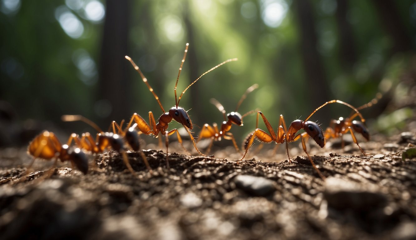 A swarm of army ants marches through the forest, devouring everything in their path.

The ecosystem buzzes with activity as other creatures scurry to avoid the relentless army