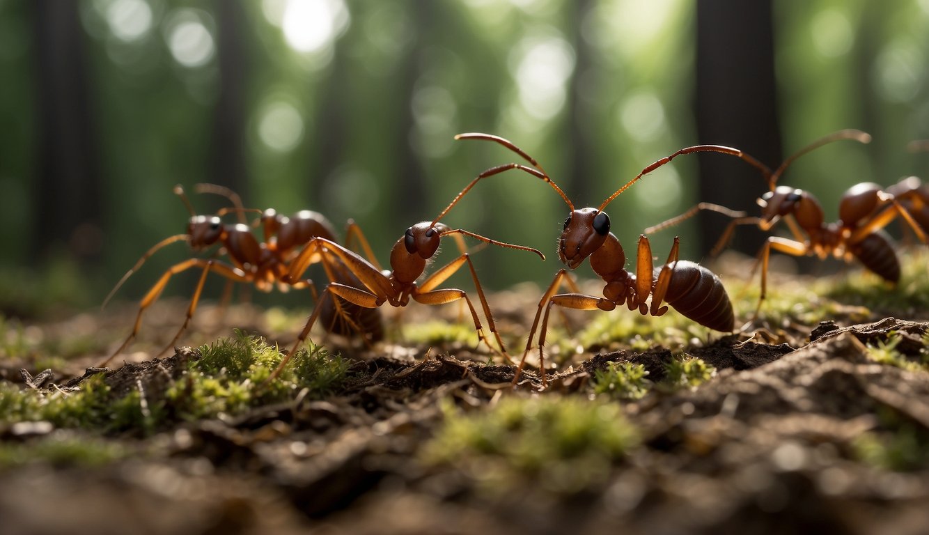 Army ants swarm across the forest floor, moving in a relentless and organized march.

Their powerful jaws and unified movement depict their nomadic warrior nature