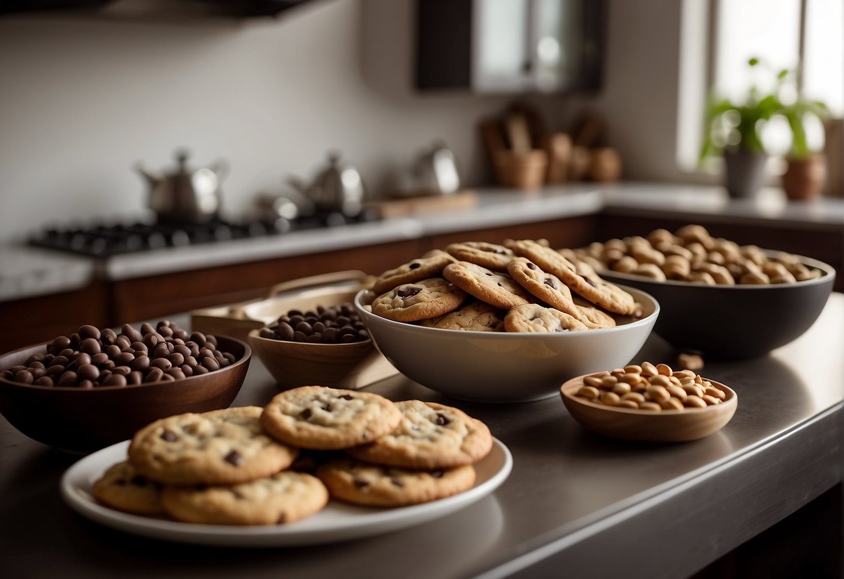 A kitchen counter with ingredients and mixing bowls, an oven baking trays of chocolate chip cookies, and the aroma of freshly baked treats filling the air