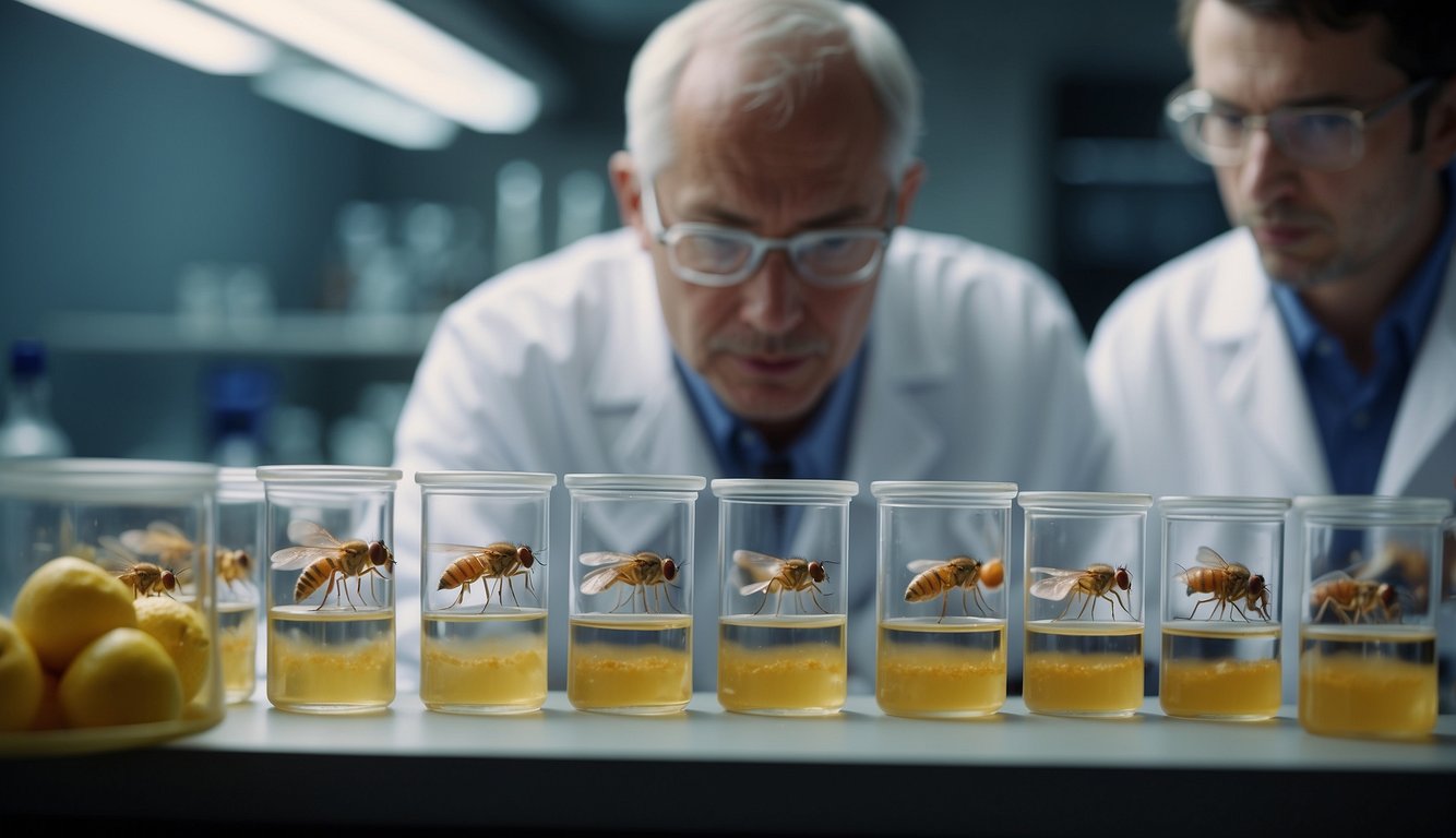 Fruit flies buzzing around test tubes and petri dishes in a laboratory setting, with scientists observing and recording their behavior