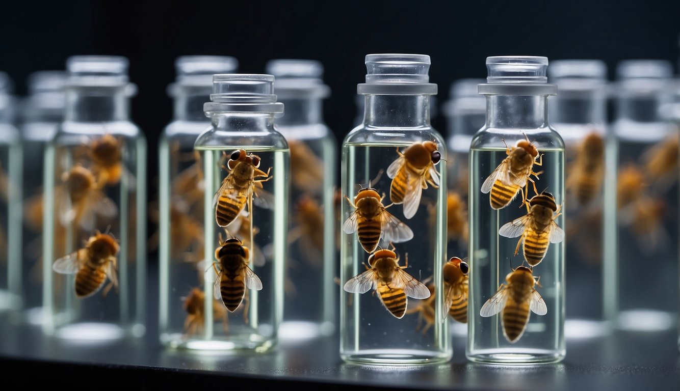 Fruit flies buzzing in glass vials, with scientists observing their genetic mutations under microscopes