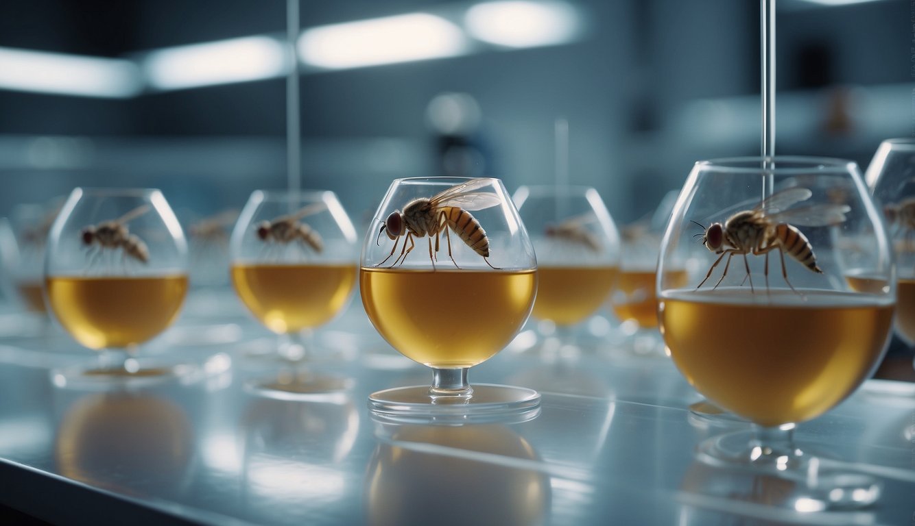 A group of fruit flies buzzing around test tubes and petri dishes in a laboratory setting, with scientists observing and taking notes