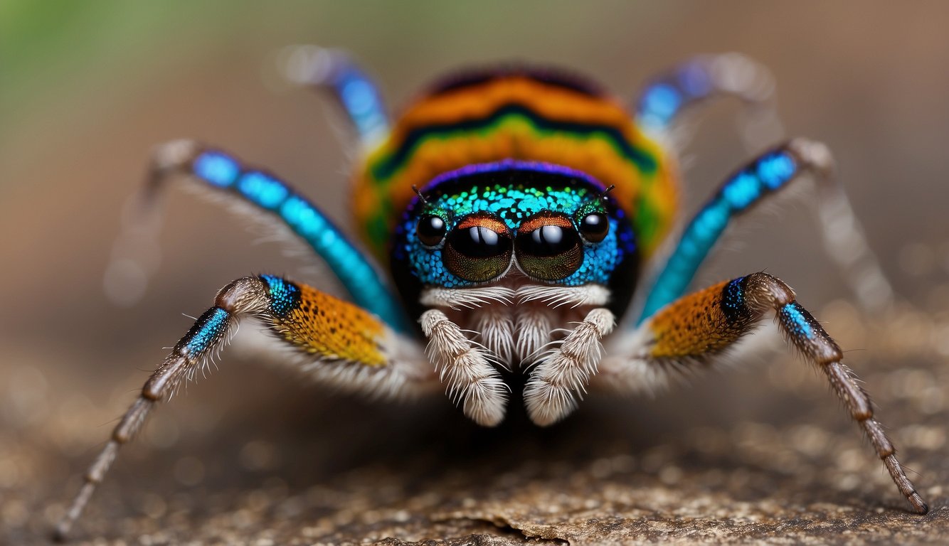 The male peacock spider performs a vibrant dance to attract a female, displaying its colorful abdomen and moving its legs in a mesmerizing pattern