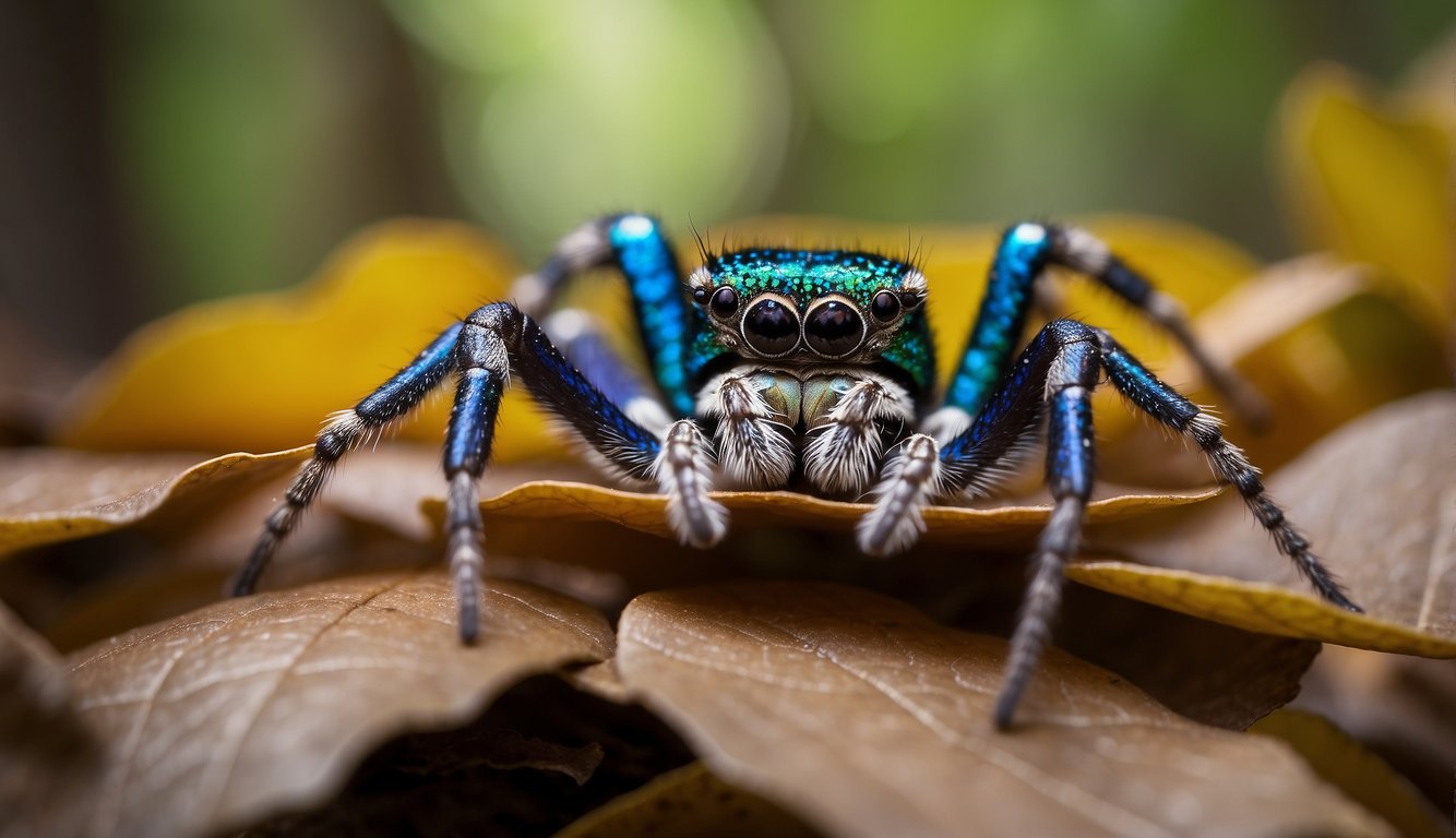 A peacock spider performs a vibrant mating dance on a bed of fallen leaves in a lush forest habitat.

Its colorful displays captivate potential mates